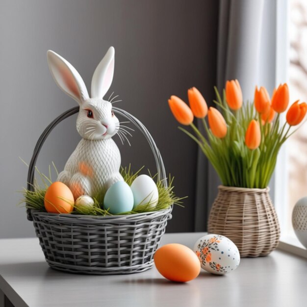 Wicker basket with easter eggs and a decorative figurine of the easter bunny