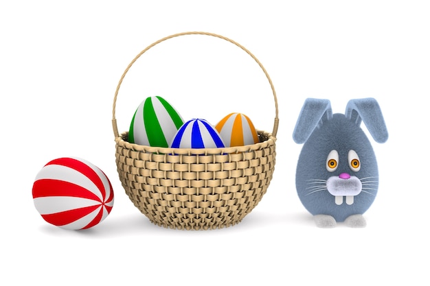 Wicker basket with eggs and rabbit on white