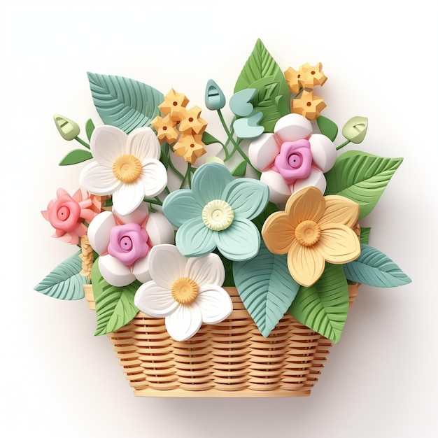 Foto cesto di vimini con fiori fiori e foglie 3d per la primavera o l'estate invito biglietto di auguri poste