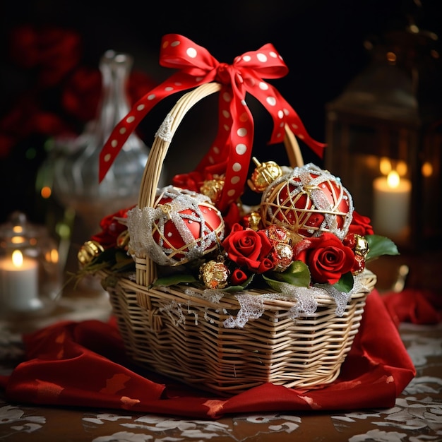 a wicker basket with flowers and ribbon on a table