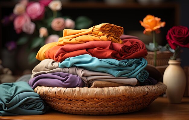 Photo a wicker basket with folded colorful clothes