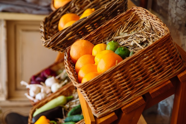 Wicker basket with fresh and aromatic fruits