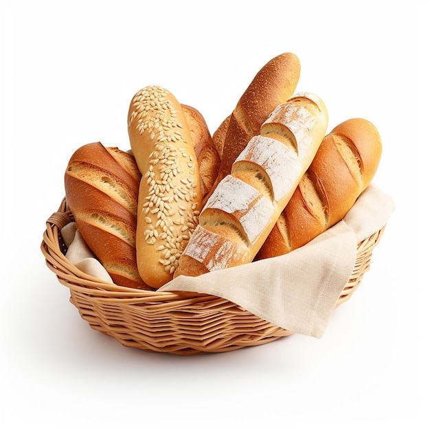 Wicker basket with fresh bread on white background