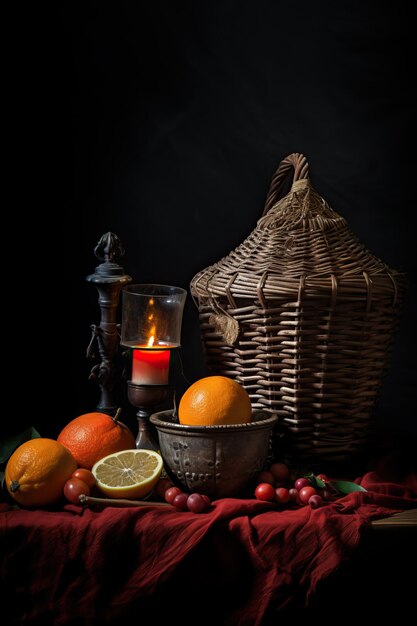 Photo wicker basket with fruit and lantern on the counter in the style of black background
