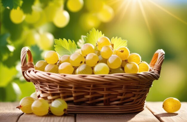 wicker basket with gooseberries on a wooden table ripe gooseberry berries gooseberry bushes on the background orchard sunny day