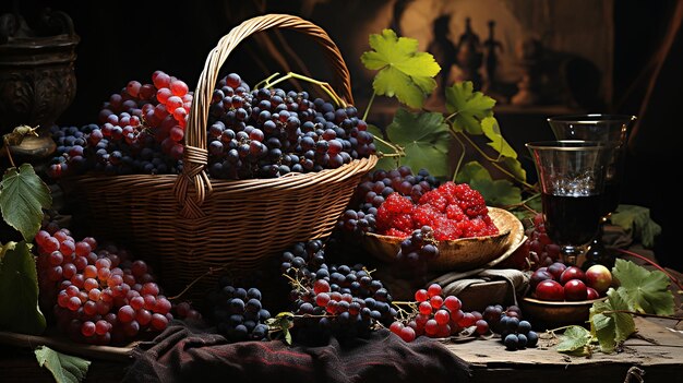 Wicker Basket with Grapes in the Background