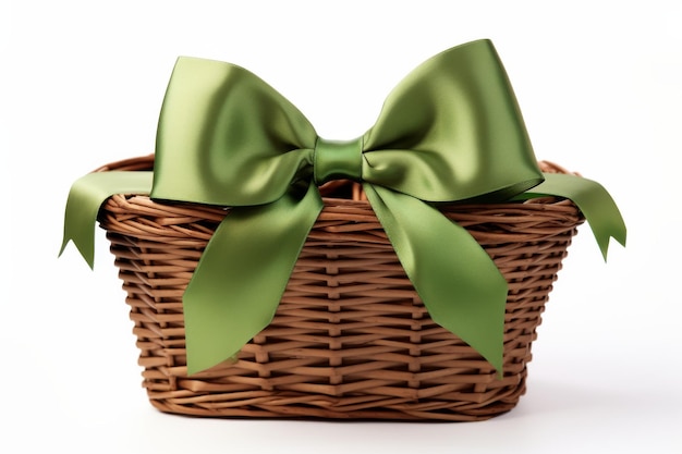 Photo wicker basket with green bow on a white or clear surface png transparent background