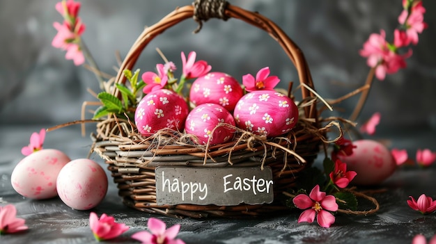 Photo wicker basket with pink painted eggs flowers and writen happy easter lettering