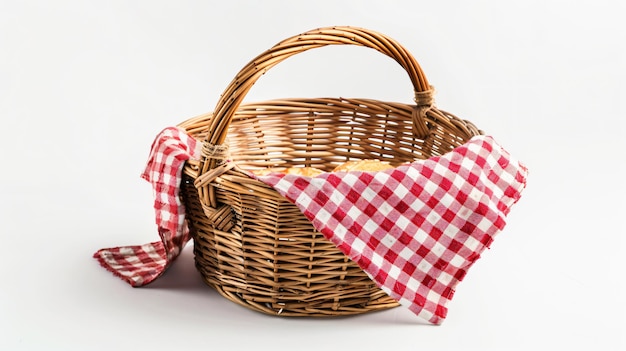 Photo a wicker basket with a red and white checkered cloth