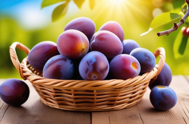 wicker basket with ripe plums on a wooden table Organic Farming long plum plantations plum garden to the horizon branches of a plum tree sunny day