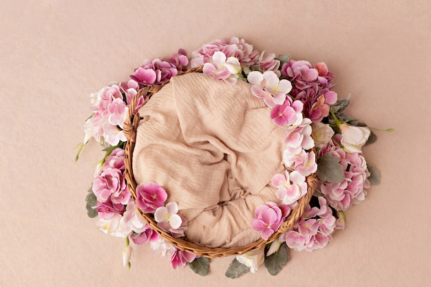 Wicker basket with summer pink hydrangea flowers. Top view