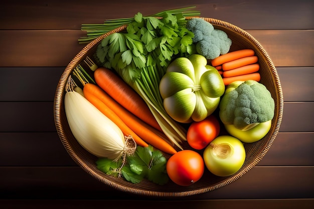 Wicker basket with vegetables on dark wooden background