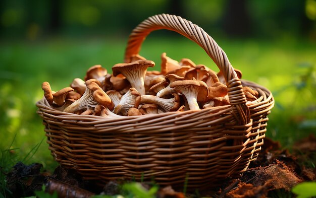 Wicker basket with wild mushrooms chanterelles