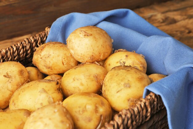 Wicker basket with young potatoes closeup