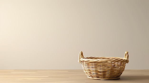 Photo wicker basket on a wooden table against a beige background the basket is empty and has a handle