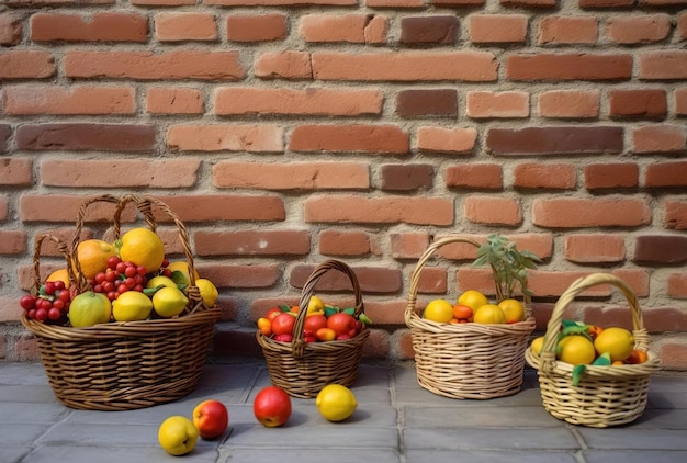 wicker baskets of different fruits on a brick wall