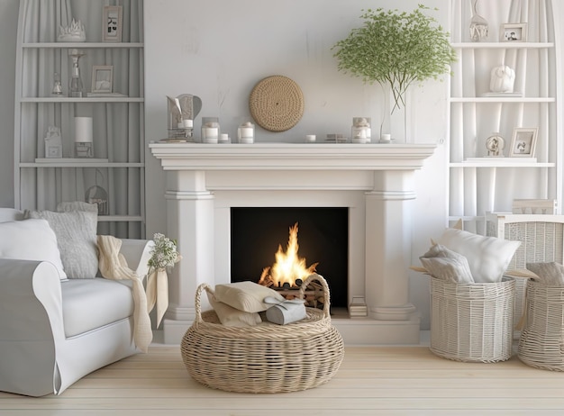 Wicker baskets with firewood and white fireplace in cozy living room Created with Generative AI technology