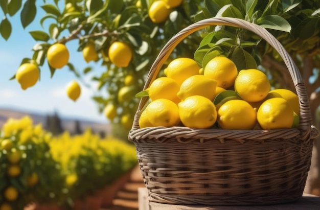 은 레몬을 가진 바구니 레몬 정원 지평선에 레몬 나무 가지 긴 레몬 농장 유기농 빛 날 해가 지거나 새벽 빛