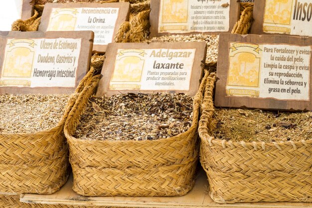 wicker baskets with spices and herbs