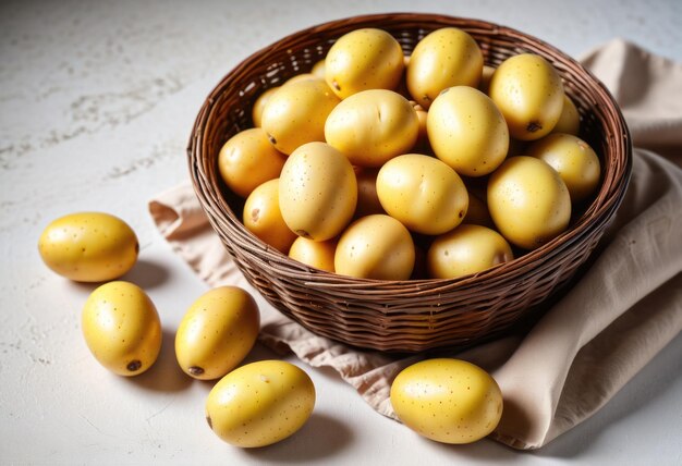 Photo a wicker bowl containing raw potatoes placed on a white table