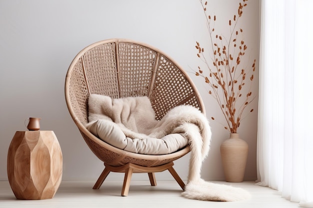 Кокон из плетеного кресла в современной гостиной в стиле бохо