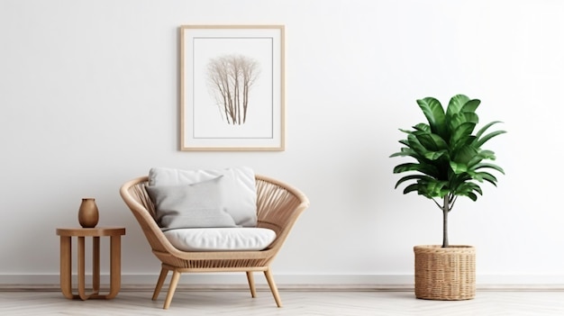 Wicker chair and floor vases near white wall