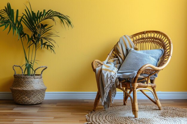 Photo wicker chair in front of yellow wall with plant on floor in stylish home interior design concept