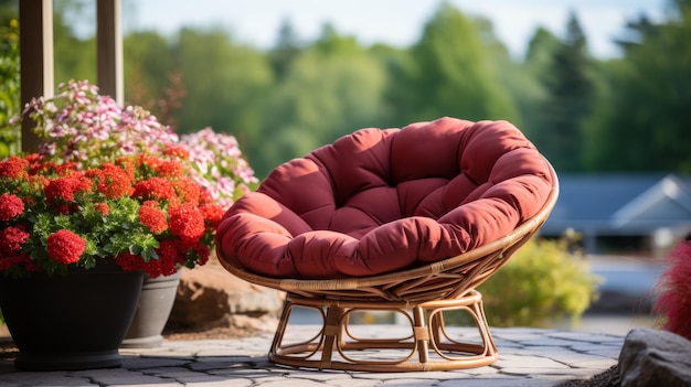 Photo a wicker chair gracefully placed next to a potted plant on a tranquil patio