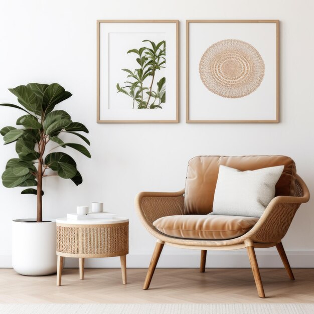 Wicker chair and knitted pouf near white wall with art poster frame mid century style interior