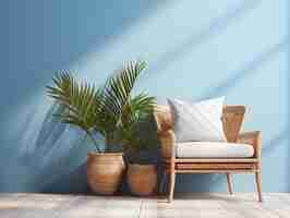 Photo wicker chair with pillows in front of blue wall