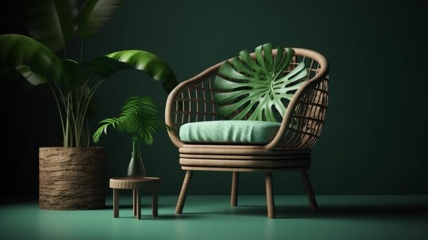 a wicker chair with a plant in the corner