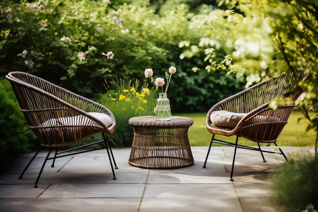 Photo wicker chairs and a metal table in a garden generative ai