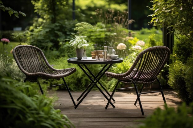 Wicker chairs and a metal table in an outdoor summer garden