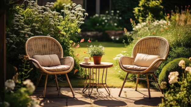 Wicker chairs and a metal table in an outdoor summer garden