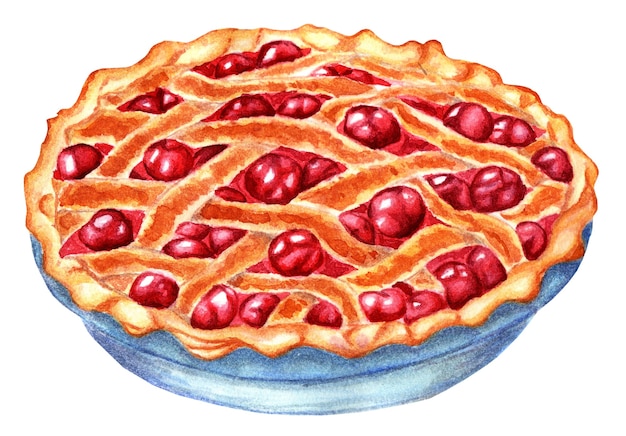 Photo wicker cherry pie golden with a crispy crust lots of juicy cherries watercolor isolated on white