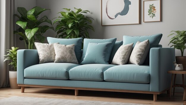 Photo a wicker couch with pillows and a potted plant