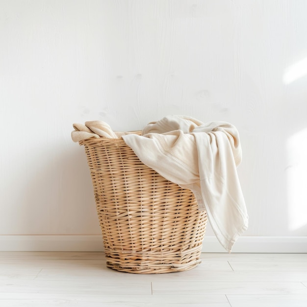 Foto cesto da bucato di vimini con vestiti vicino allo spazio di copia della parete leggera