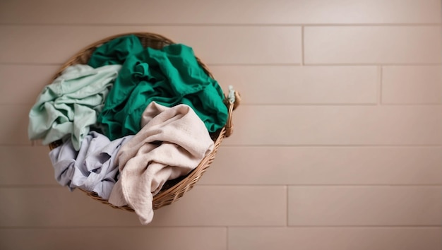 Photo wicker laundry basket with different clothes on wooden background top view backdrop with copy spac