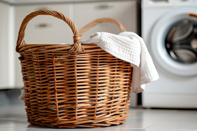 Photo wicker laundry basket with washing machine on the background generative ai