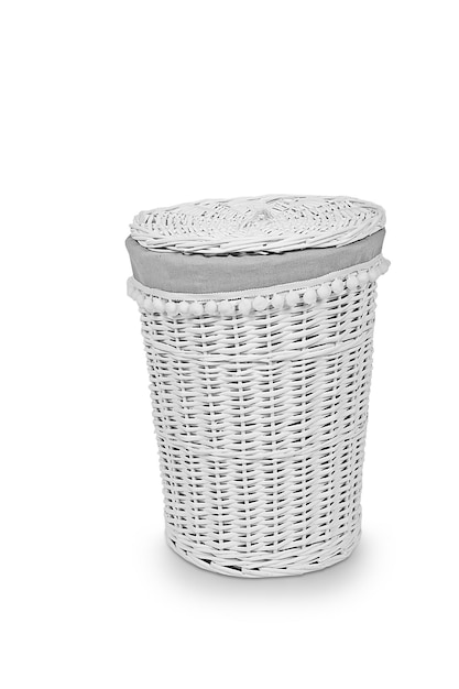 Wicker laundry baskets on white background