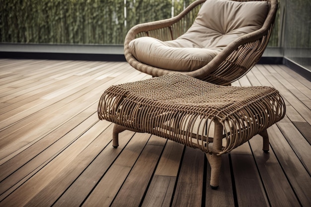 Wicker lounge chair and footrest on wooden decking created with generative ai