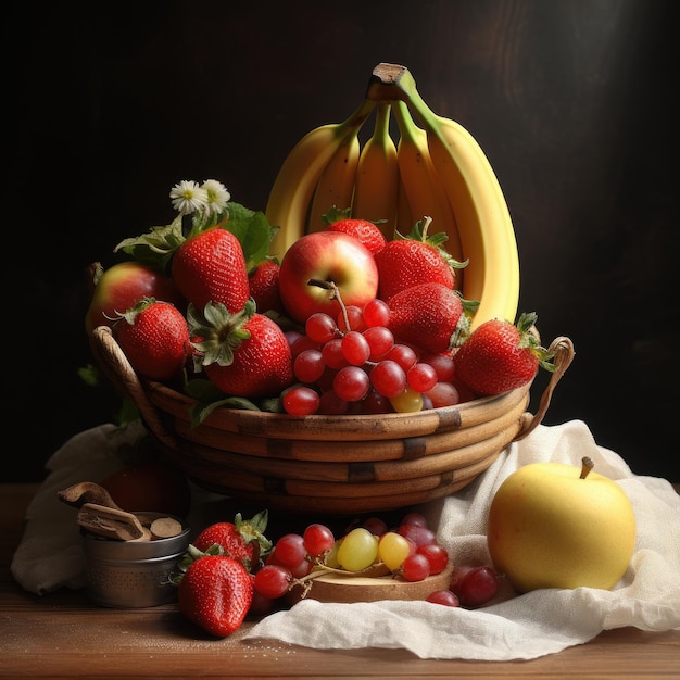 Wicker mand met heerlijke bananen appels aardbeien eetlust en vers fruit en groenten