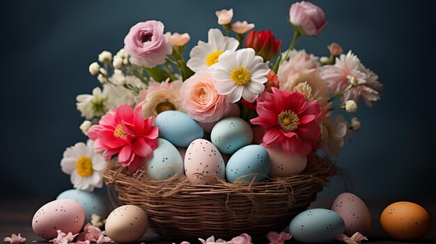 Foto wicker mand met prachtige voorjaarsbloemen omringd door paaseieren