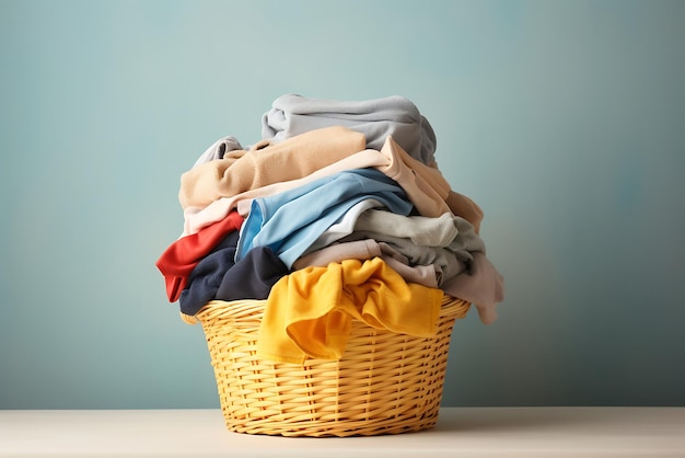 Wicker mand met vuile kleren op tafel tegen de kleur muur