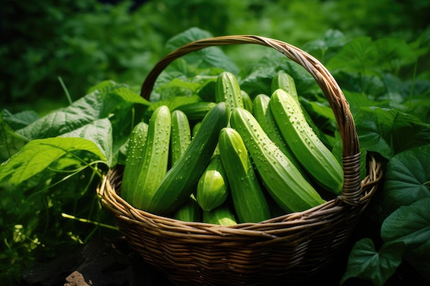 Wicker mand vol komkommers op groene bladeren achtergrond