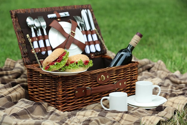 Wicker picknick mand smakelijke boterhammen thee kopjes en plaid op groen gras buiten