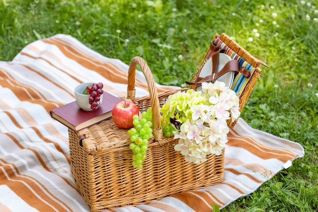 Wicker picnic basket with food on a striped plaid on the grass in the park Summer picnic concept