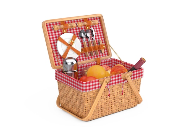 Photo wicker picnic wooden basket with tableware food and drink picnic set 3d rendering