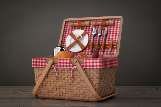 Photo wicker picnic wooden basket with tableware food and drink picnic set 3d rendering