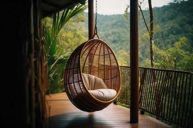 Wicker rattan hanging chair on wooden bamboo terrace in the jungle Generative AI